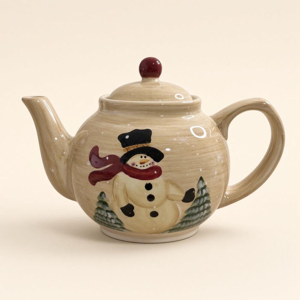 Workbench Snowman Ceramic Teapot, Jo Ann Stores 2005, Red Knob Painted Evergreen